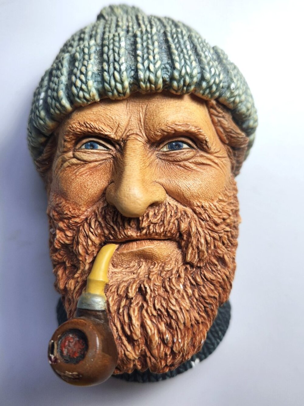 Vintage 1990 Bossons Chalkware Head Fisherman Teal Knit Cap Plaster Wall Mask Ar